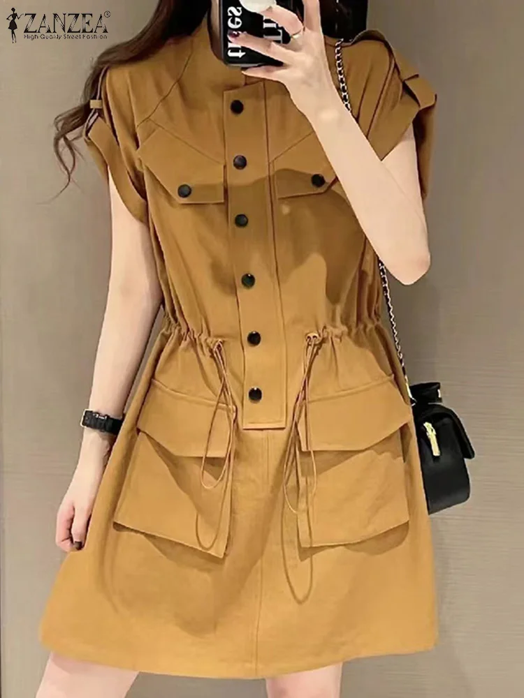 ZANZEA Fashion Summer Cargo Dress Women Elegant Short Sleeve Buttons Party Sundress Korean Stylish Solid Knee-length Vestidos