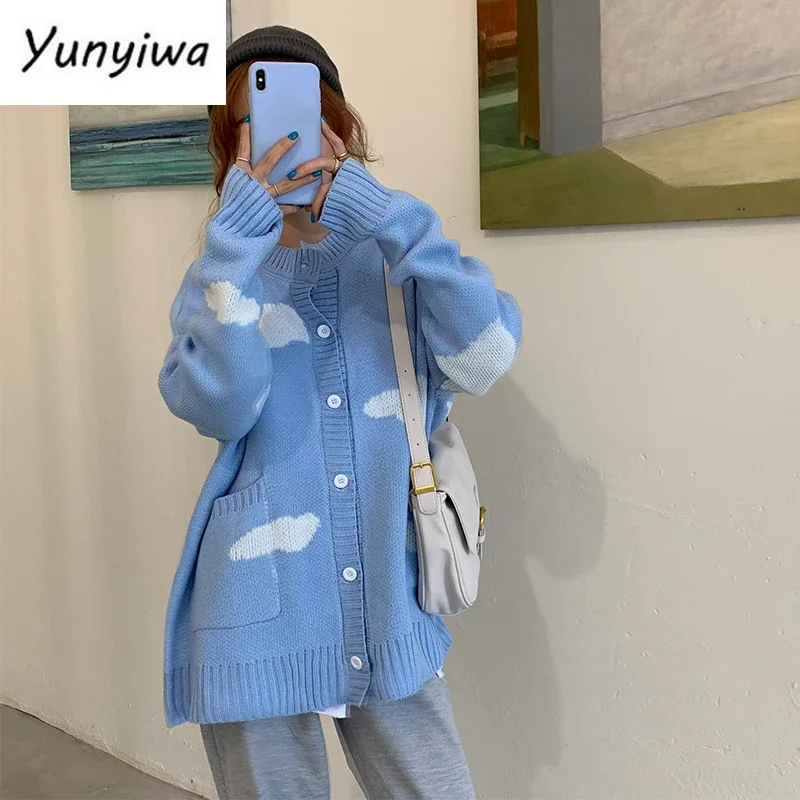 Japanese Kawaii Harajuku Cardigan Women Cloud Print Korean Loose Blue Sweater Coat All Match Knitted Cardigans Jumper