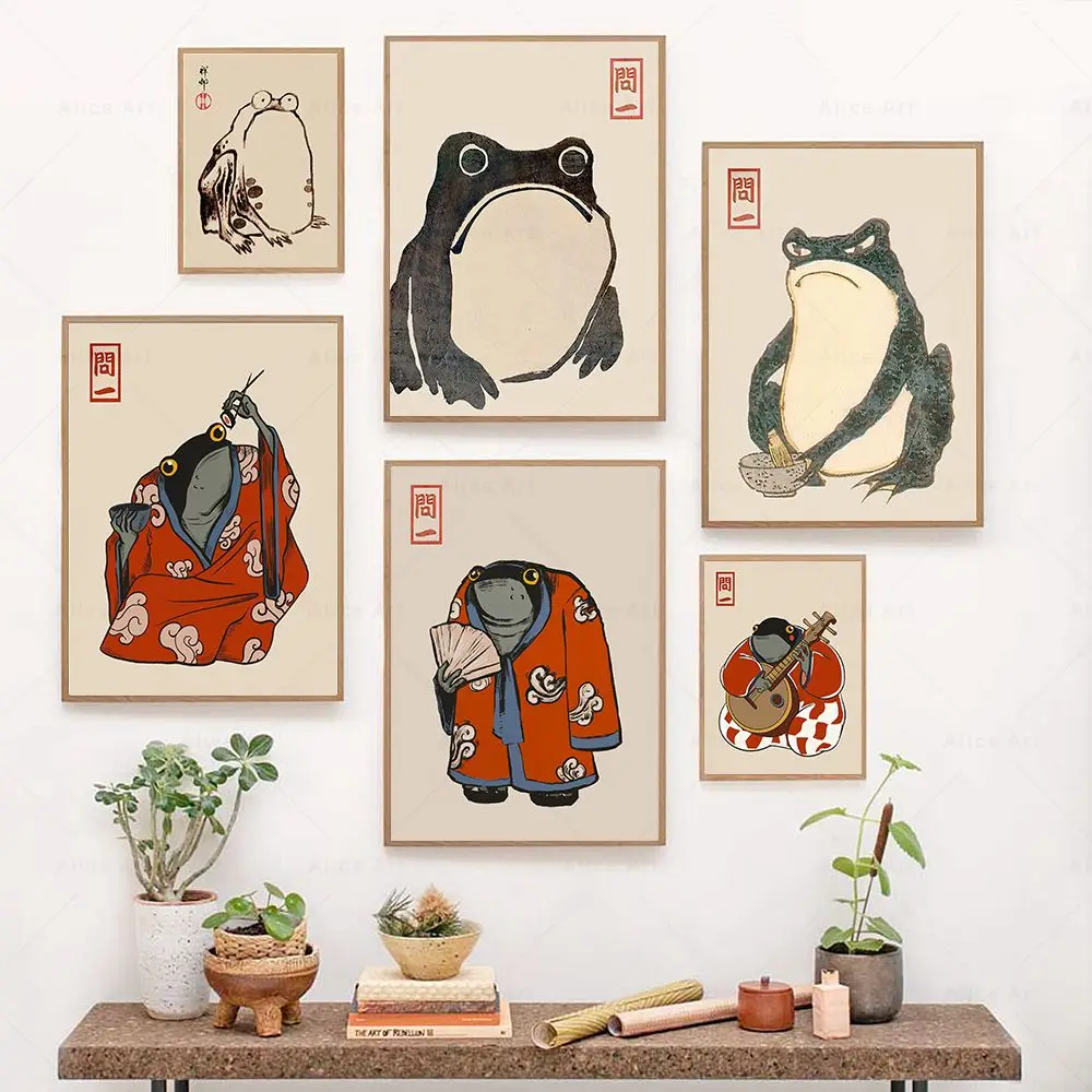 Japanese Frog Prints Vintage Posters Matsumoto Hoji Funny Animal Frog Canvas Pictures for Bedroom Wall Art Home Decor Cuadros