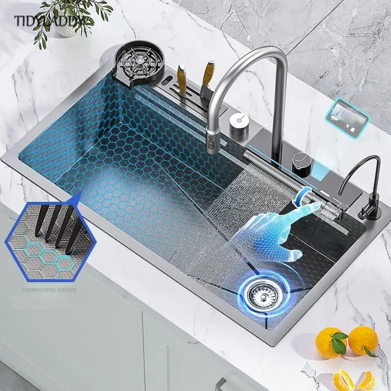 New Waterfall Kitchen Sink Honeycomb Large Single Slot Kitchen Accessories Multifunction Waterfall Faucet Digital Display