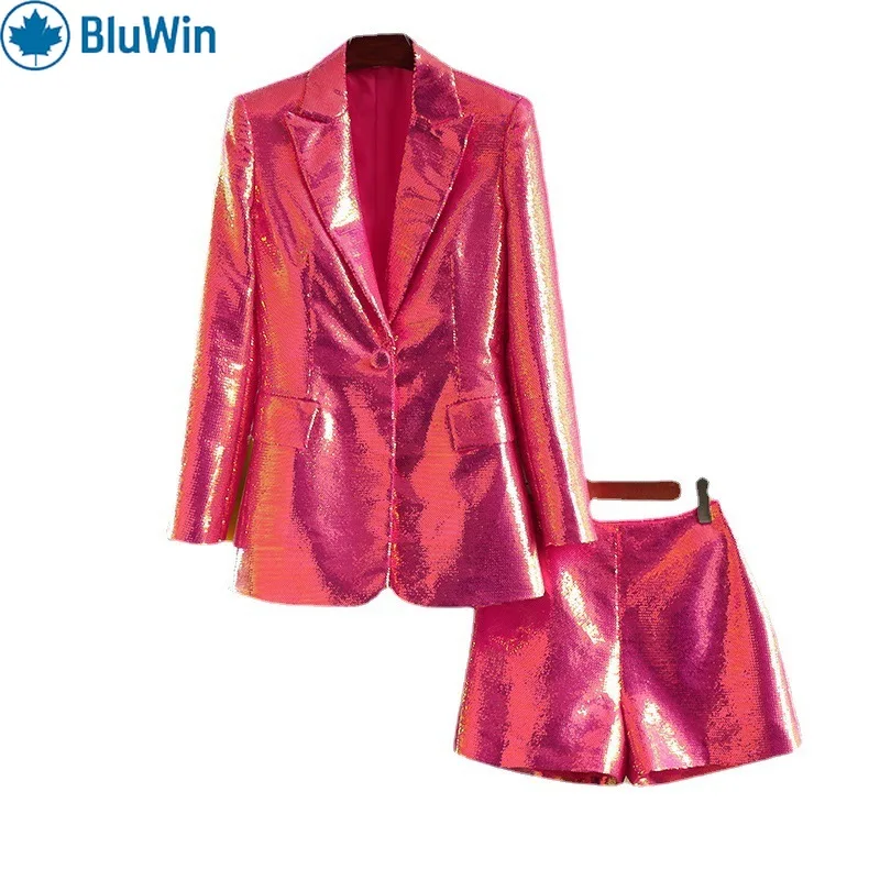 

URBANCHIC Metallic Blazer Shorts Set Women Shiny Two Piece Suit Single Button Party Nightclub Fashion