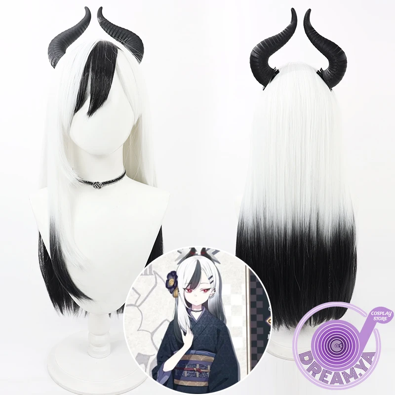 Onikata Kayoko Cosplay Wig Blue Archive Black White Long 70cm Synthetic Hair Heat Resistant Halloween Role Play + Free Wig Cap