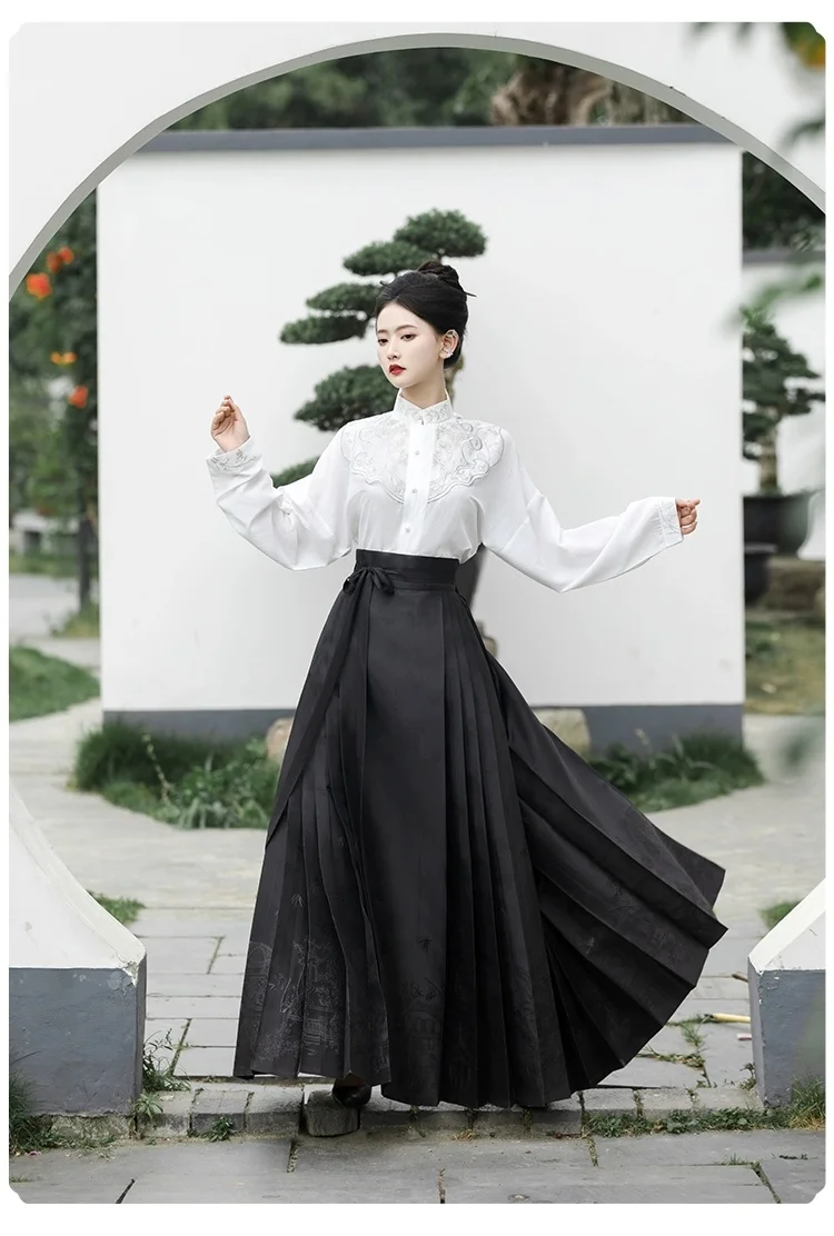 Standing Collar Blouse Weaving Gold Horse Face Skirt Set for Daily Traditional Hanfu Dress Women White Top Oriental Dance Costum