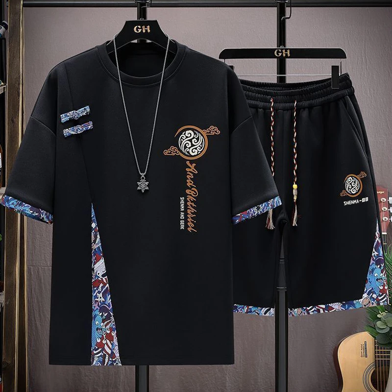 

New Chinese Style Short Sleeve Summer Sportswear Casual Two Piece Set for Men Complete Outfit Short Pants T-Shirt Polyester