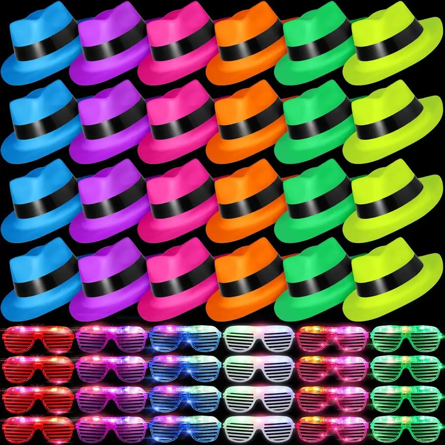 

48 Pieces Neon Party Supplies 24 Pack Neon Style Dress Hats with 24 Pack Flashing Plastic Light up Glasses for Glow Women Costum