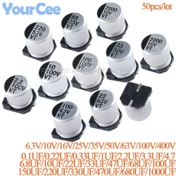 50pcs SMD Electrolytic Capacitor Aluminum 6.3V 10V 16V 25V 35V 50V 63V 100V 400V 1UF 4.7UF 10UF 47UF 100UF 470UF 680UF 1000UF