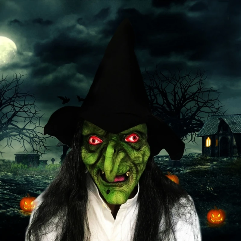 Green Witch Mask Halloween Latex Wizard Mask with Black Wigs Hat Scary Old Witch Head Mask Long Hair Mask for Costumes