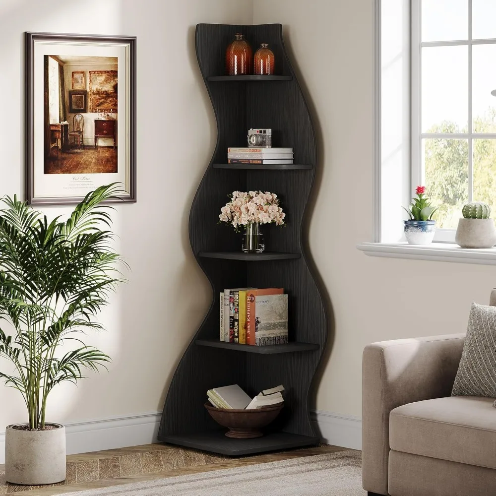 

Wavy Corner Shelf, Modern 5-Tier Bookshelf Bookcase with Curvy Shape, Unique Plant Stand Display Rack for Living Room