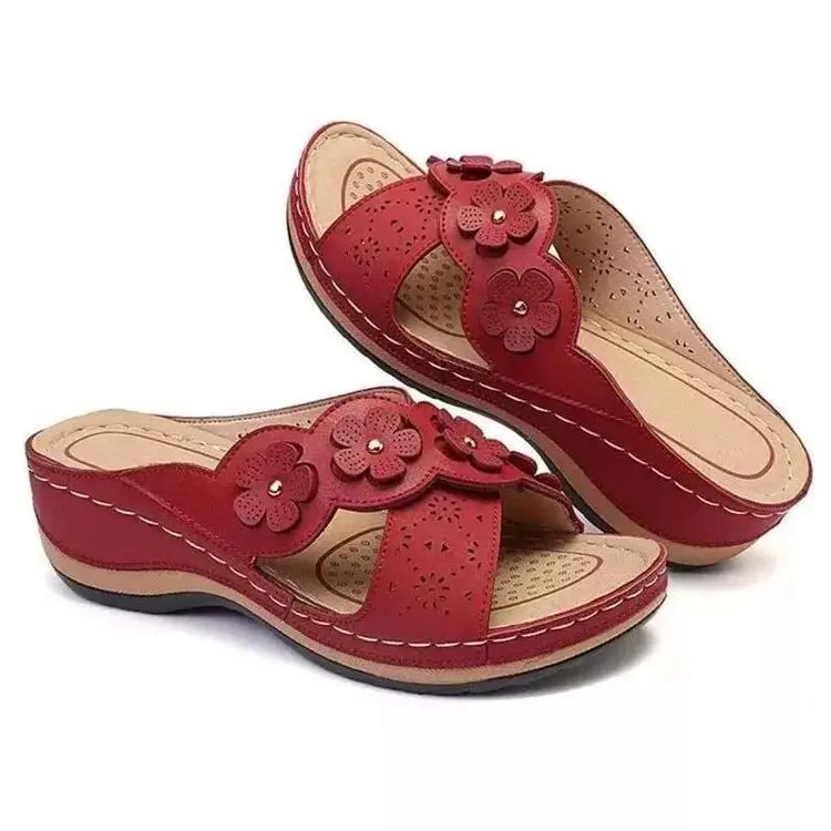 Sandalias romanas de cuña con flores para mujer, zapatos de punta abierta, zapatos de verano, zapatos de playa con plataforma, Sanda