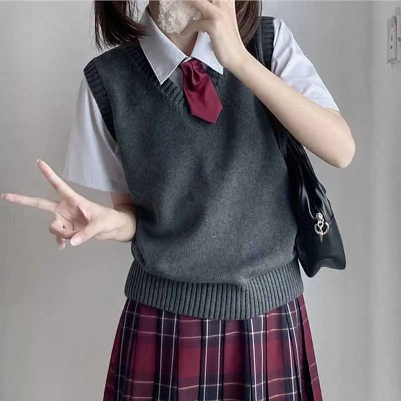 

College Style Sleeveless Sweater Vest Women Preppy Style All-Match School Girls Jk Knitted Vest Solid Basic Knitwear Waistcoat