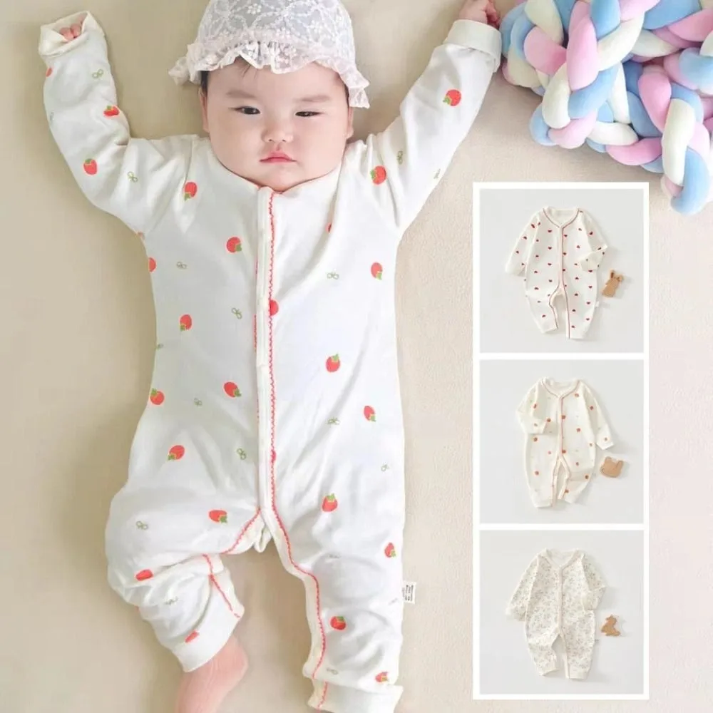 

Fashion Long Sleeve Baby Romper Soft Fabric Pure Cotton Cartoon Love Bodysuit Strawberry Stripe Infant Romper Infant Wear