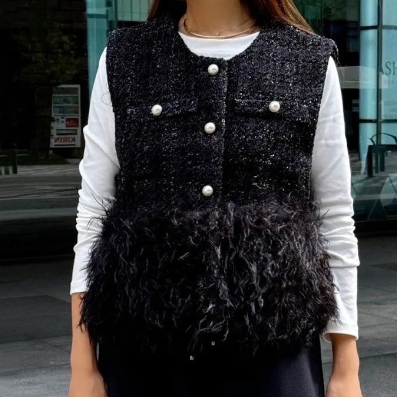 OCEANLOVE Tweed Faux Fur Patchwork Jackets Women Japanese Style Solid Elegant Short Vests Fashion Vintage Chaquetas Mujer