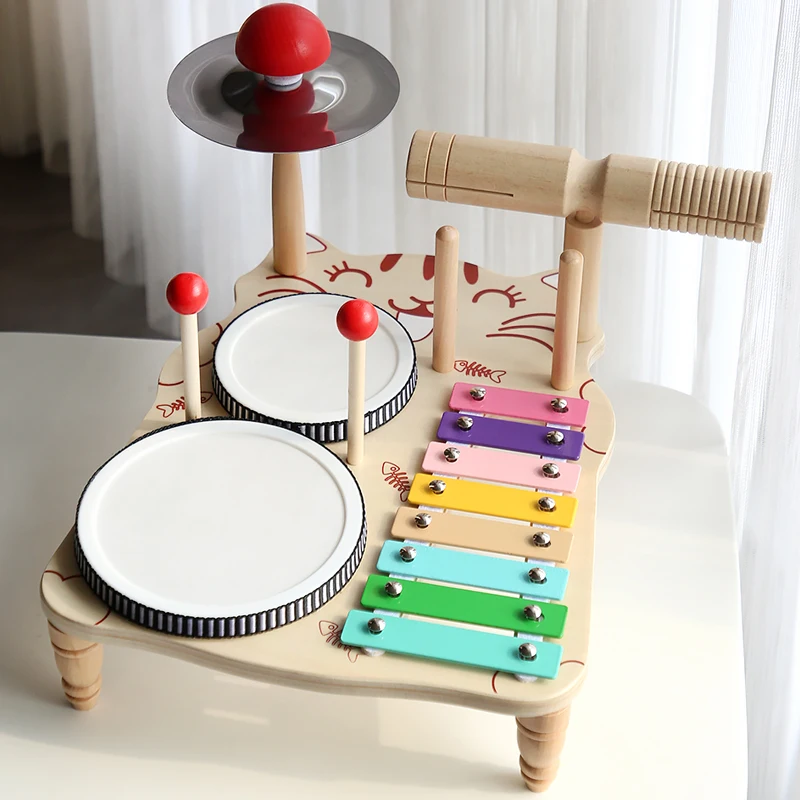 Set di giocattoli per strumenti a percussione musicale in legno per bambini Set di tamburi musicali Kit musicale in legno Tamburo sensoriale per bambini