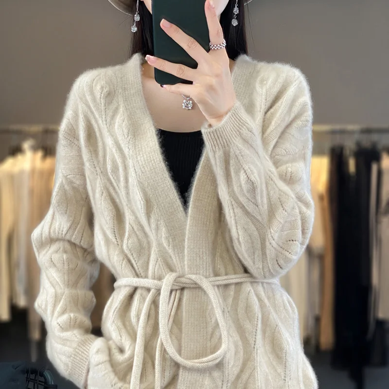 Autumn/Winter New 100% Merino Wool Clothing Women's V-Neck Lace Cardigan Casual Loose Knit Underspool Jacket Fashion Korean Tops