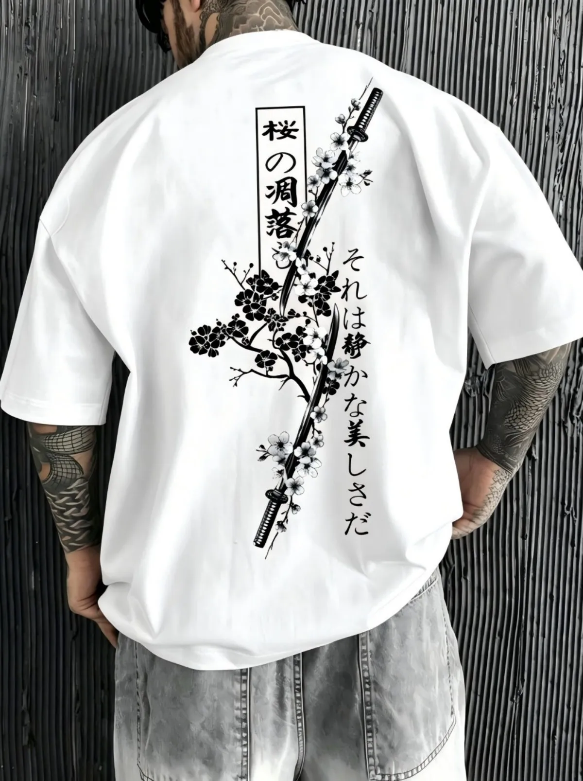Summer men's cherry blossom branch samurai sword letter print comfortable and breathable round neck T-shirt outdoor street top