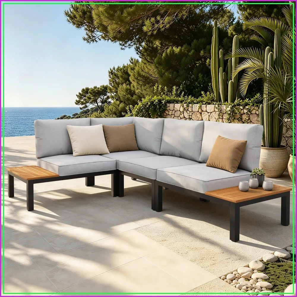 4-Piece Metal L-Shape Outdoor Sectional Sofa Set with Cushion & Side Table for Patio Deck Garden
