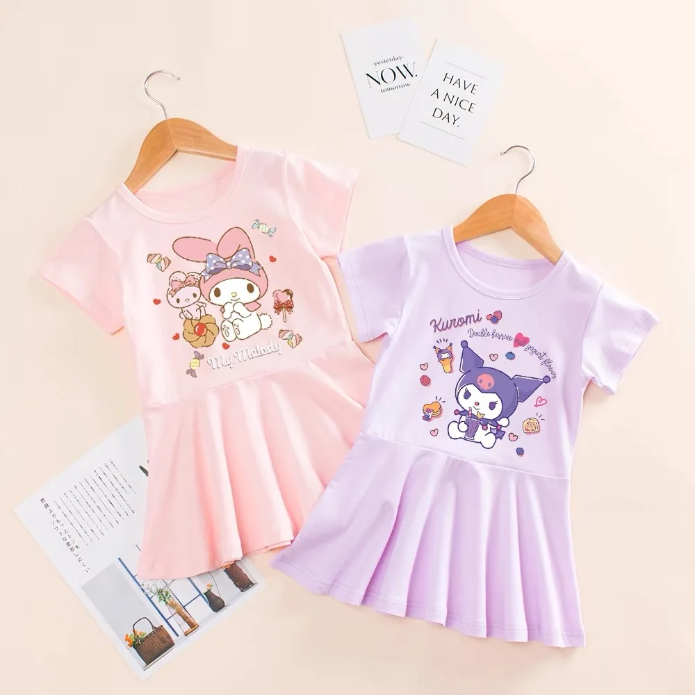 Summer New Sanrio Children's Clothing Students Thin Cotton Anime Pleated Skirt Cinnamoroll Cartoon Half Sleeved Cute Girls Dress