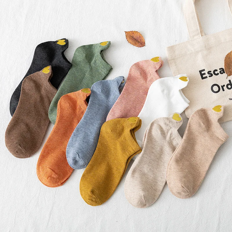10 Pairs Embroidered Short Socks Women Golden Love Heart Ankle Socks Japanese Style Candy Color Casual Fashion Trendy Boat Socks