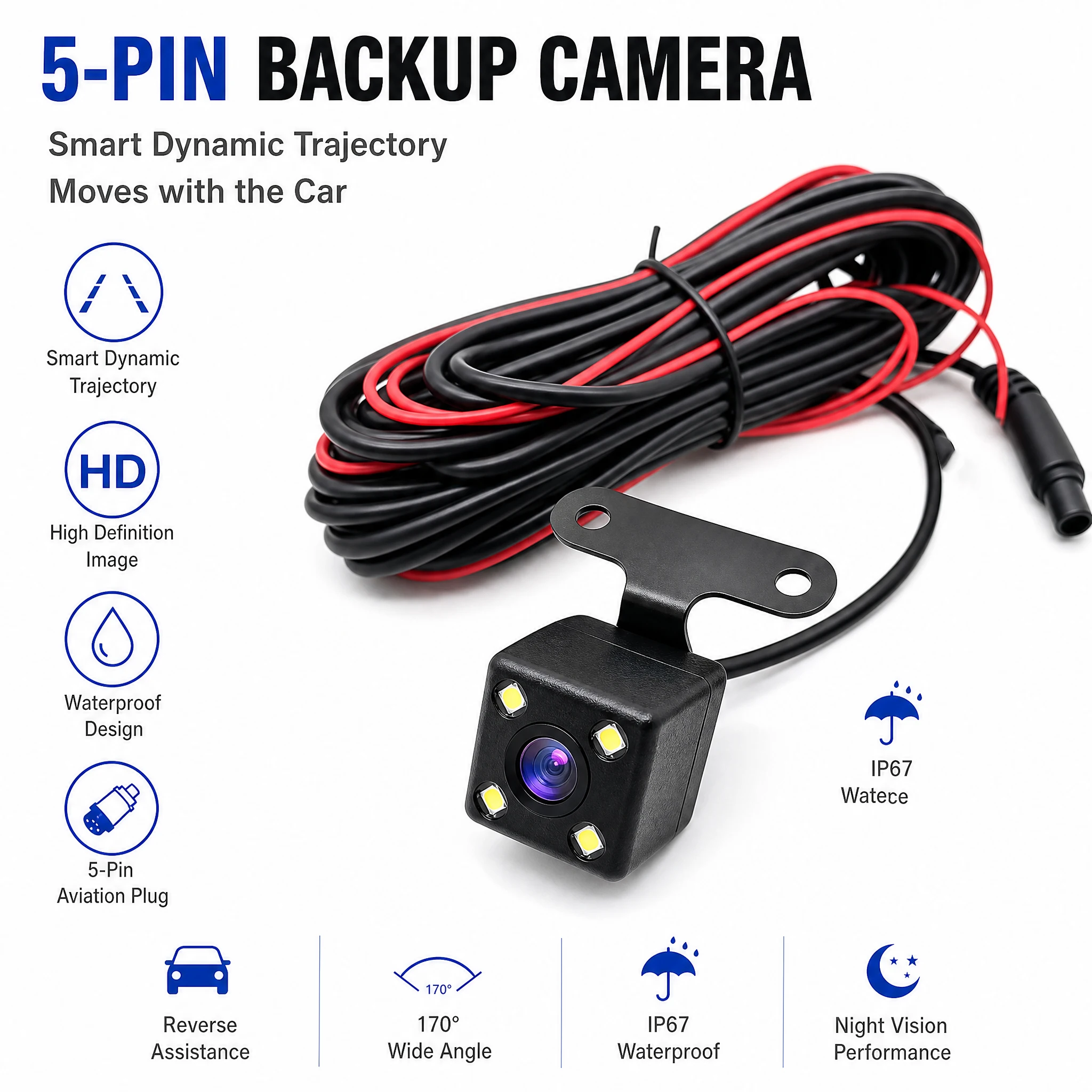 Parking Camera 5-Pin HD Car Rearview Camera Reversing 4LED Night Vision Camera Wide-Angle Car Accessories