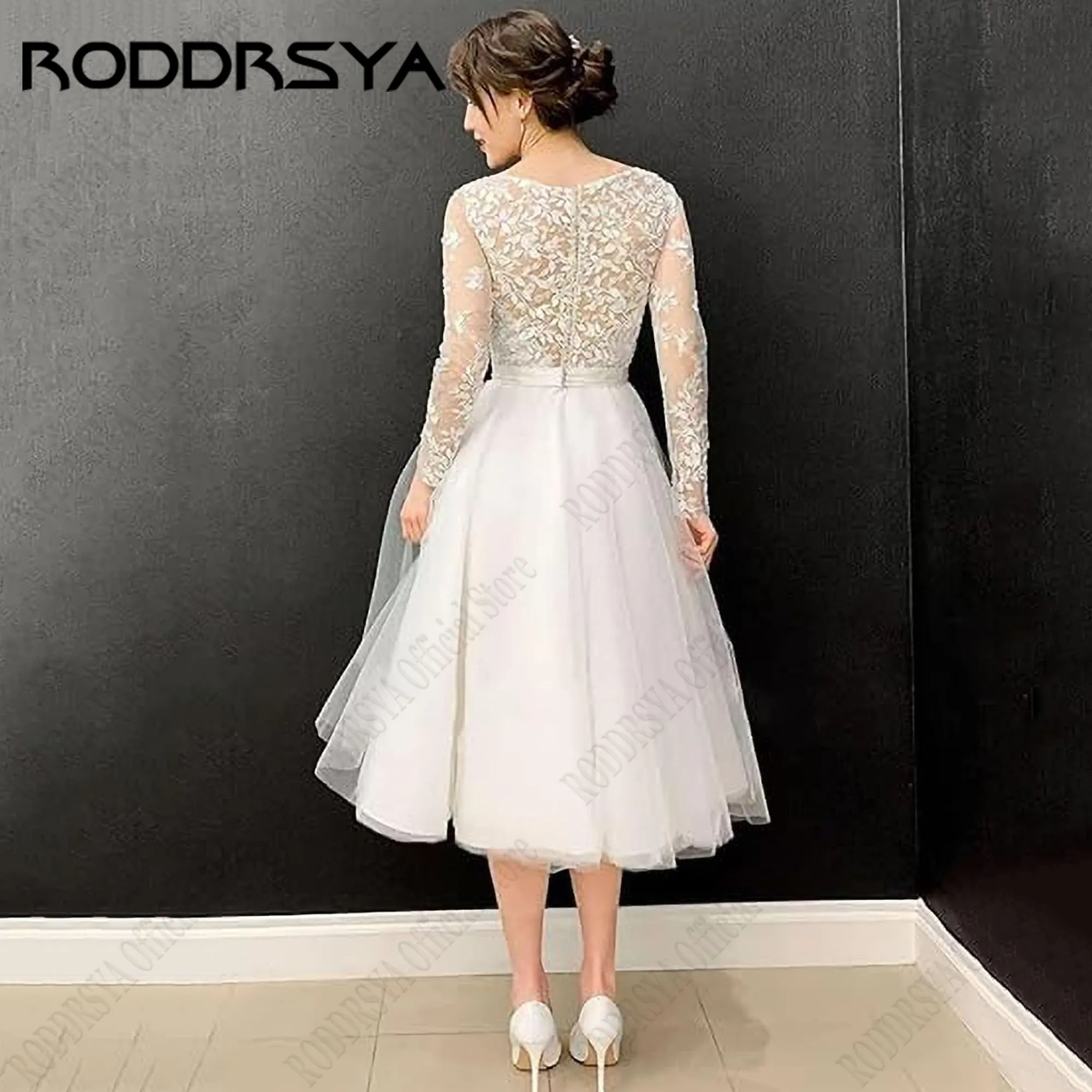 RODDRSYA O-Neck A-Line Wedding Dress For Woman Tulle Long Sleeve Appliques Elegant Bridal Gown Tea-Length Vestido De Nova 2024