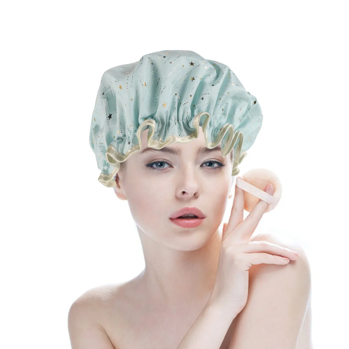 

Double Layer Thickened Waterproof Shower Cap Women Reusable Elastic Bath Hair Cover Large Capacity Gold Foil Polyester Cotton