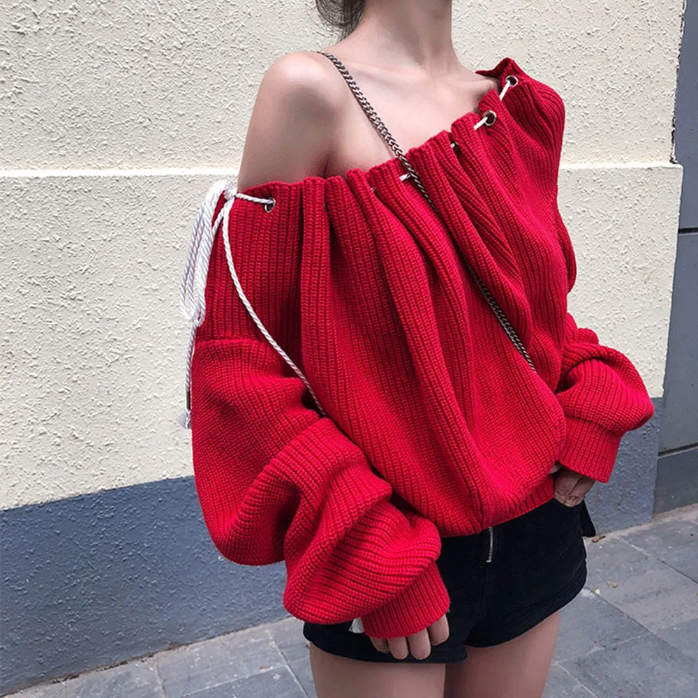 Корейские осенние свитера с открытыми плечами, женские пуловеры с длинными рукавами и шнурком, 2024, шикарные свободные вязаные топы с вырезом на шее