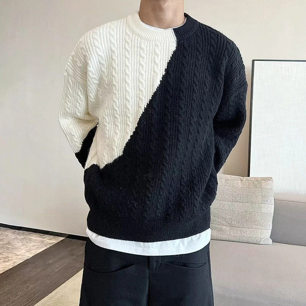 

2024 Autumn Men'S Knitted Light Luxury Fashion Pullover Sweater Casual Solid Color Patchwork Retro Loose O-Neck Long-Sleeved Top