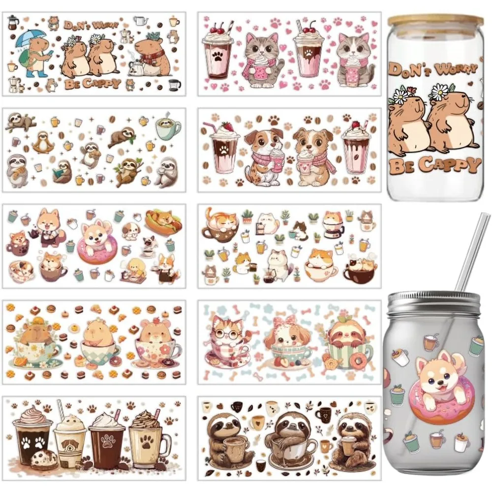 10 Blatt Kaffee-Tiermotiv UV DTF Becherfolie für 16OZ Glas Capybara Katze Hund Faultier Abziehbilder Cartoon PVC Transfer