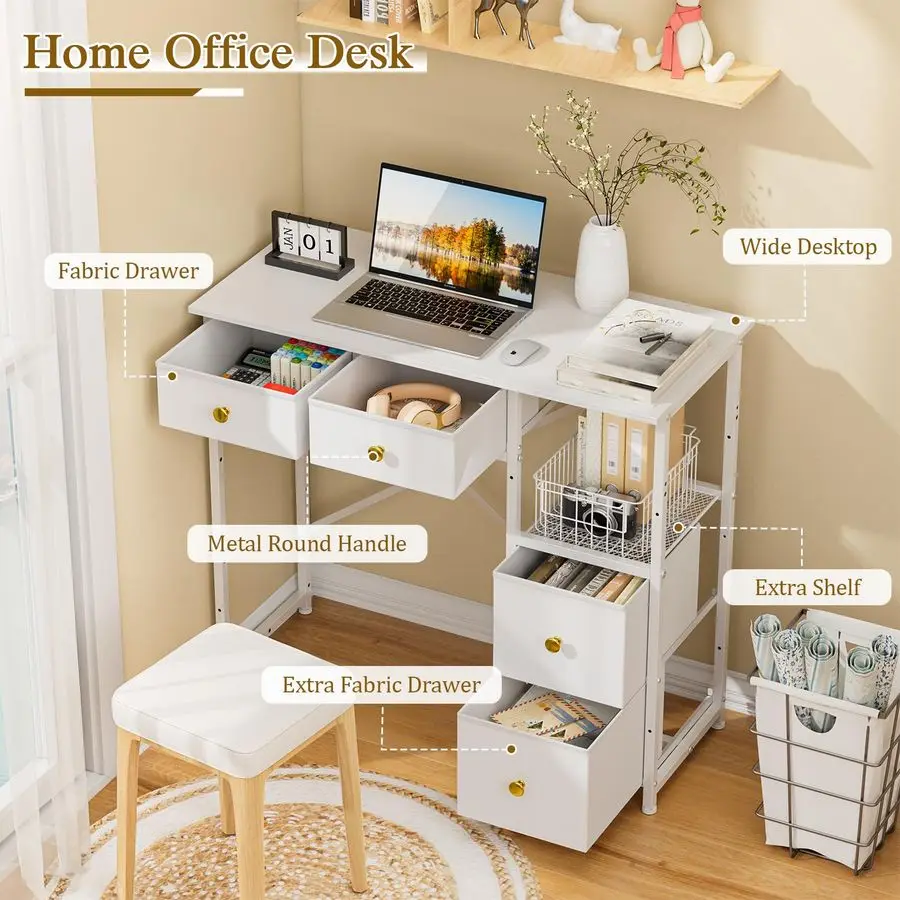 Computer Desk with 4 Fabric Drawers, Simple Writing Desk for Home Office, Compact Study Desks for Small Spaces, Kids Desk Study