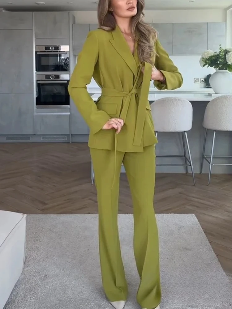 KONDALA Office Lady Chic Solid Women Suit Sashes Lace-up Pockets Slim Blazer Flare Pants New Fashion 2025 Spring Summer Sets