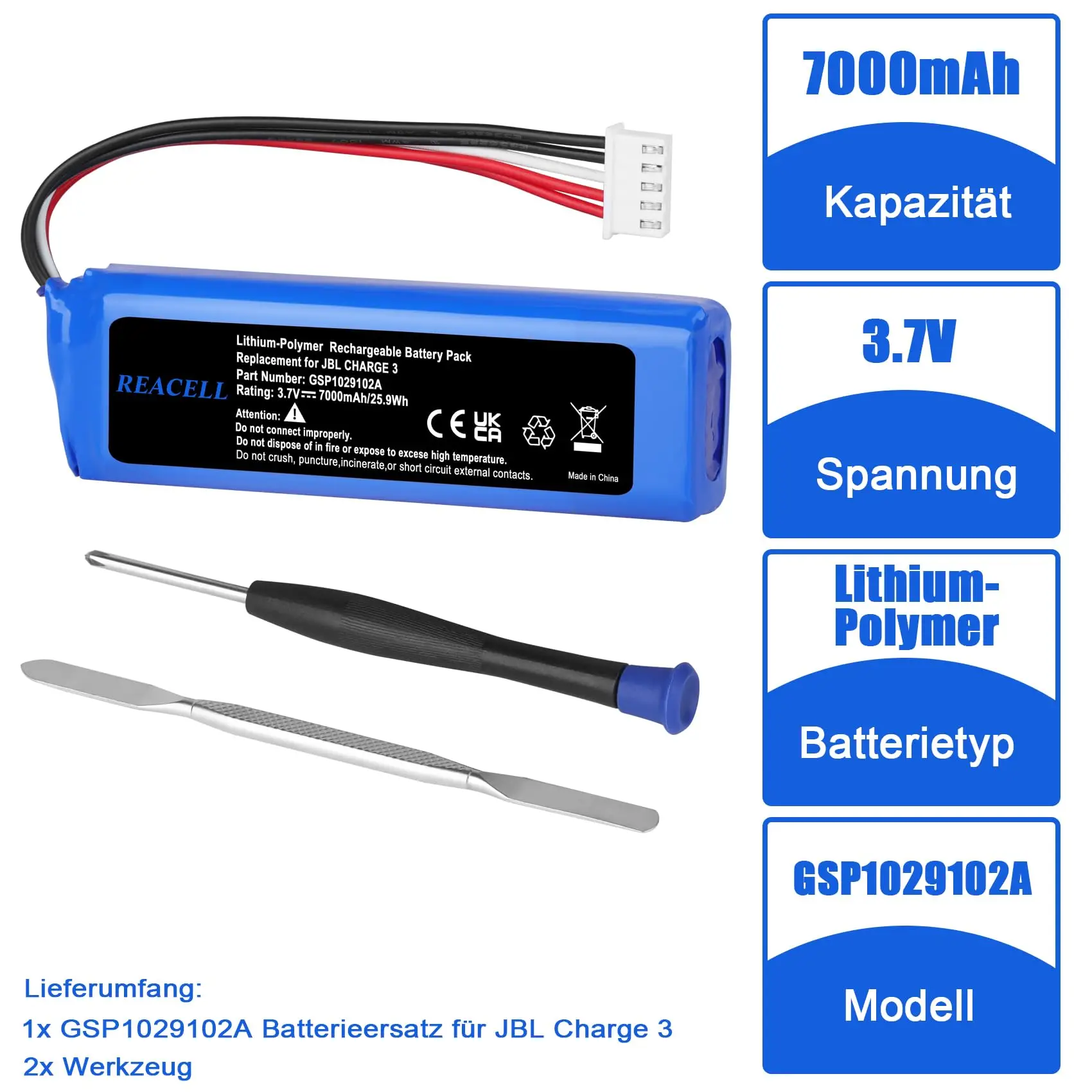 REACELL 7000 mAh Battery GSP1029102A for JBL Charge 3 Battery 3.7 V Rechargeable Battery for JBL Charge 3 Bluetooth Speaker