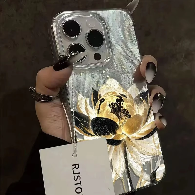 Pink Peony Lotus Print Phone Case for IPhone 16 15 14 13 12 11 Pro Max 15 Pro XS XR 7 8 Plus 16E Shockproof Silver Plated Cover - náhled 2
