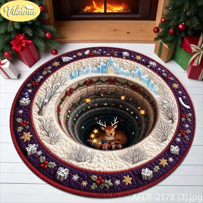 VIKAMA 2D Deep Pit Little Deer Christmas Round Rug Non Slip Living Room Rug Festive Bedroom Bedside Rug Cozy Festive Home Decor