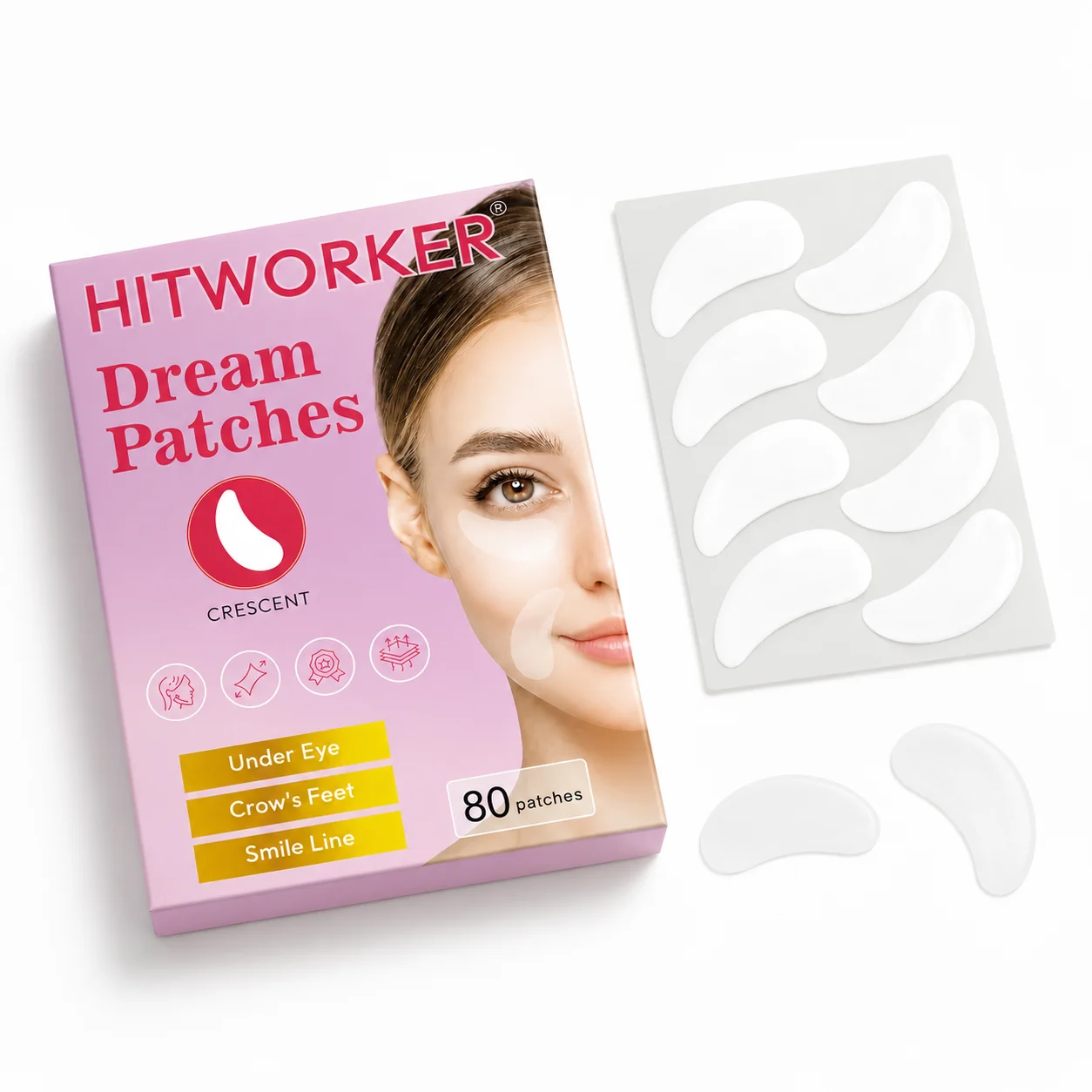 80PCS Anti-Aging Skincare Facial Patches, Firming and Smoothing Crescent Patches for Under-Eye, Outer-Eye and Smile-Line Areas
