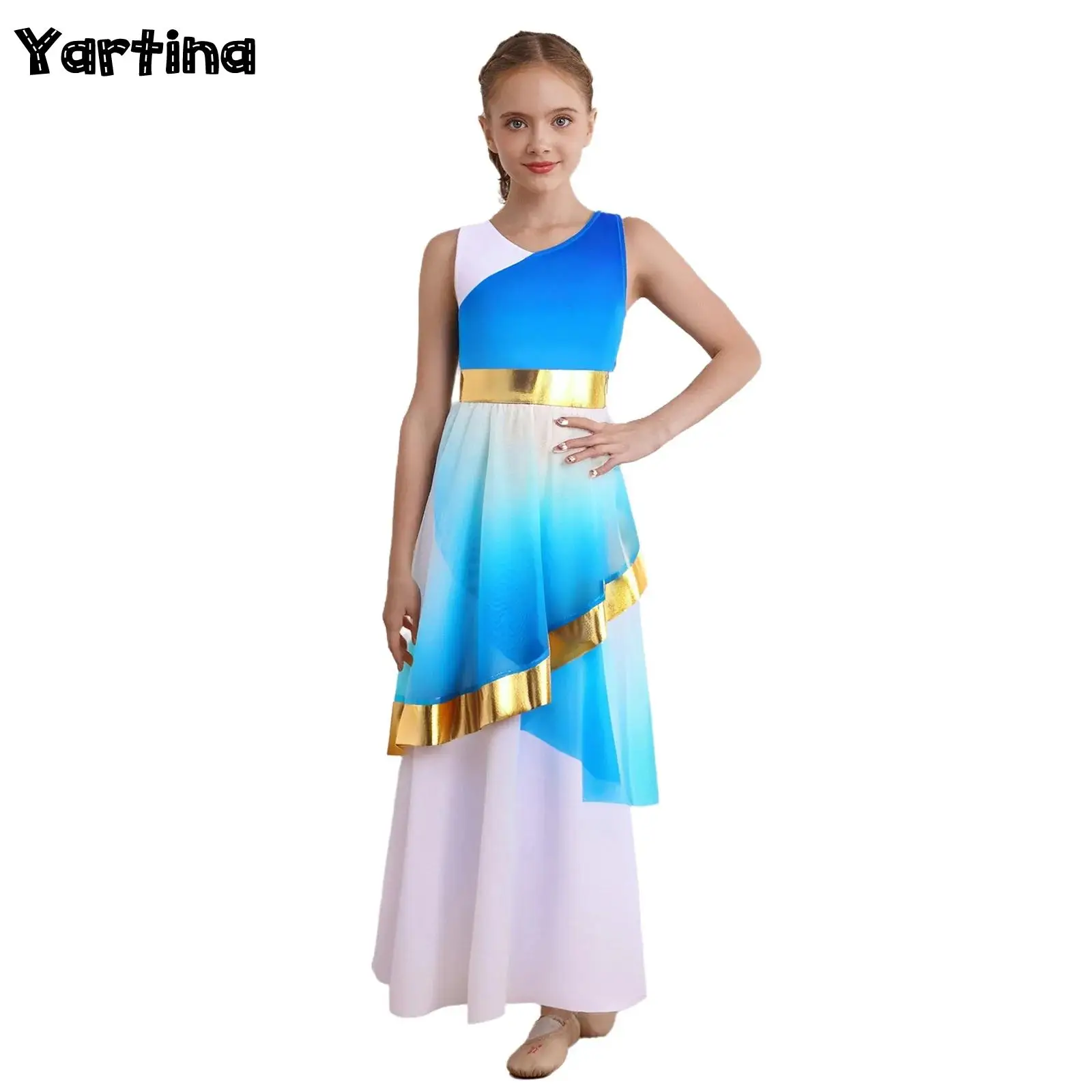 

Kids Girls Praise Lyrical Ballet Dance Performance Costume Sleeveless Metallic Mesh Layer Modern Contemporary Dance Dresses