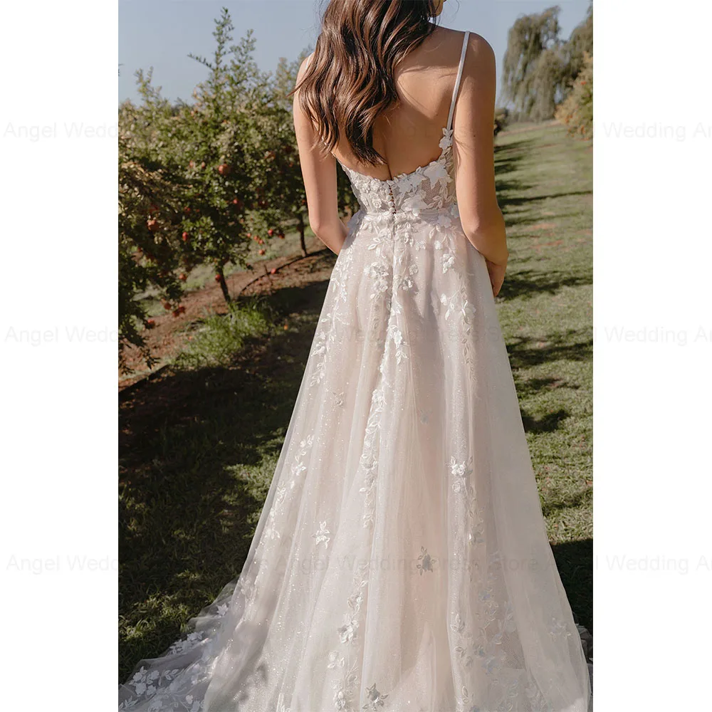 ANGEL مخصص تول فستان الزفاف للنساء زي العرائس عارية الذراعين زين السباغيتي الأشرطة فساتين زفاف Vestidos de Novia