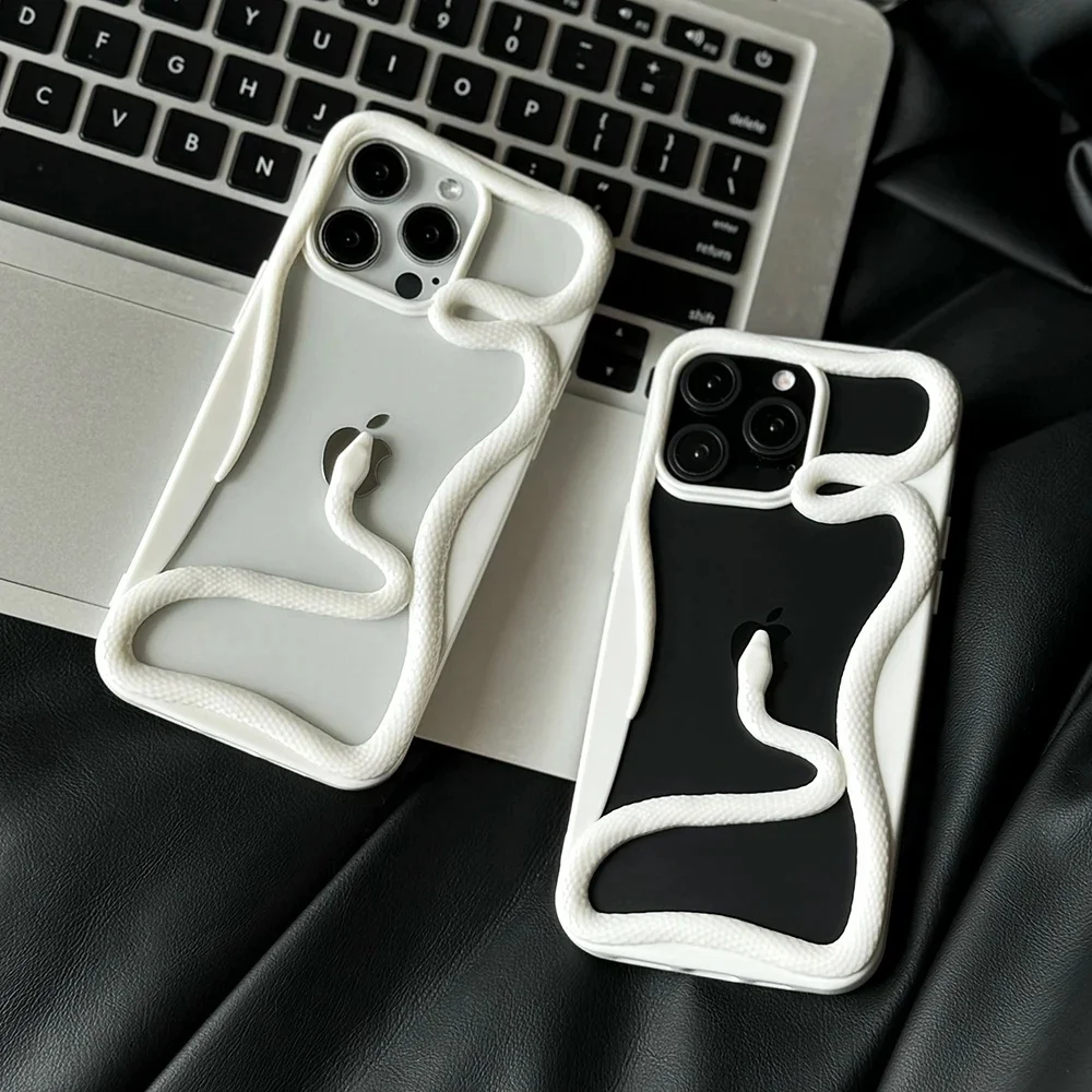 Cool 3D Snake Hollow Dissipate Heat Phone Case For iPhone 12 13 14 15 16 17 Pro Max White Shockproof Soft Silicone Cover
