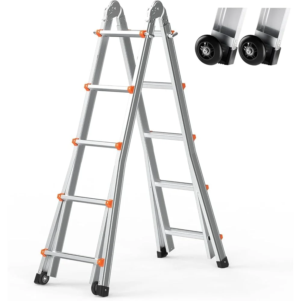 

Telescoping A Frame Ladder 20 FT Compact Aluminum Extension Ladder Portable Collapsible Multi-Function Safe Stable with Wheels
