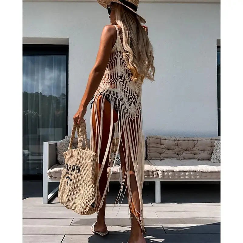 2024 Beach Cover Ups for Swimwear Women Sexy Hand Hook Hollow Out Sunscreen Shirt with Long Tassel Beach Cover