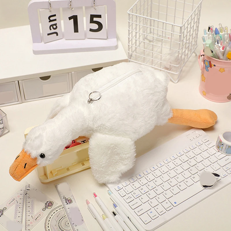 白いガチョウのぬいぐるみペンバッグ、漫画の動物の鉛筆ケース、面白い学生の文房具収納バッグ、かわいい鉛筆ポーチ、ギフト