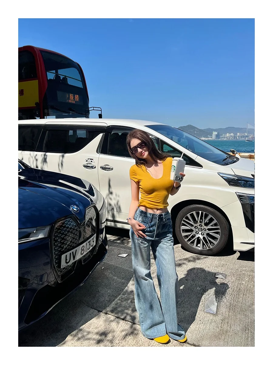 

High Waist Narrow Version Blue Texture Denim Pants Casual Wide Leg Pants Slimming Long Casual Pants Versatile High Street