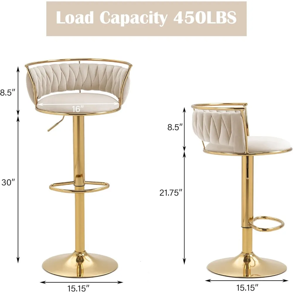 360 °   Drehbare Barhocker, 4er-Set, moderner, verstellbarer Barhocker aus Samt in Thekenhöhe, goldfarbener Metallhocker, bequeme Kücheninsel