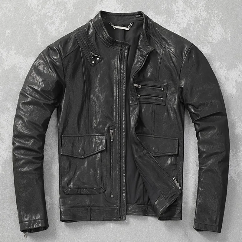 

2023 New Spring Autumn Genuine Leather Jacket Men Vegetable Tanned Sheepskin Motorcycle Clothing Jacket Clothing Thin Coat