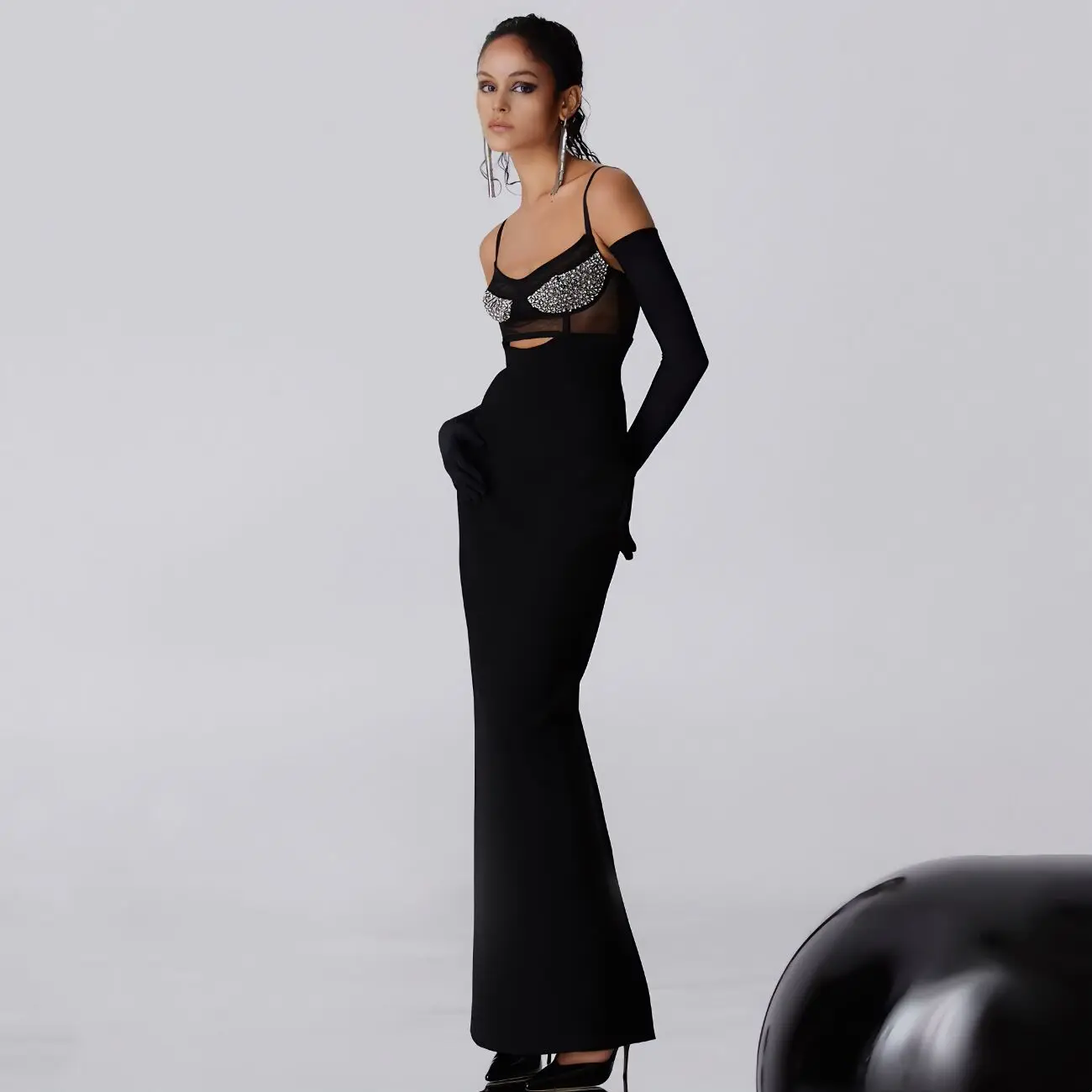 

New Arrivals Women Black Color Sleeveless Sexy Beading Sling Bandage Sheath Dress Temperament Ankle-Length Evening Party Dress