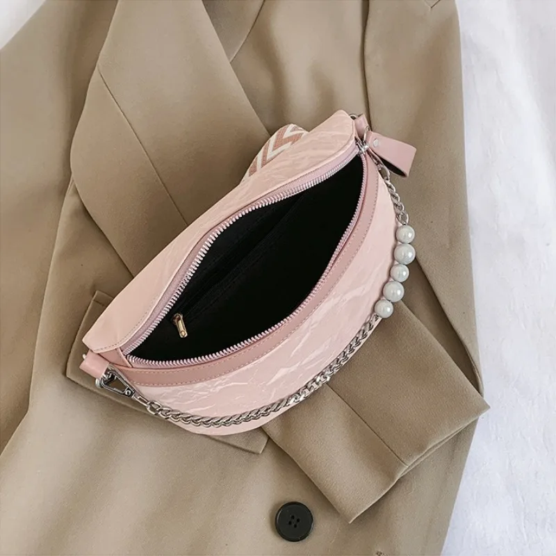 Luxury Beading Chain Waist bag For Women Elegant Solid Colour PU Leather Fanny Pack Ladies Waist Pack Female Crossbody Chest Bag