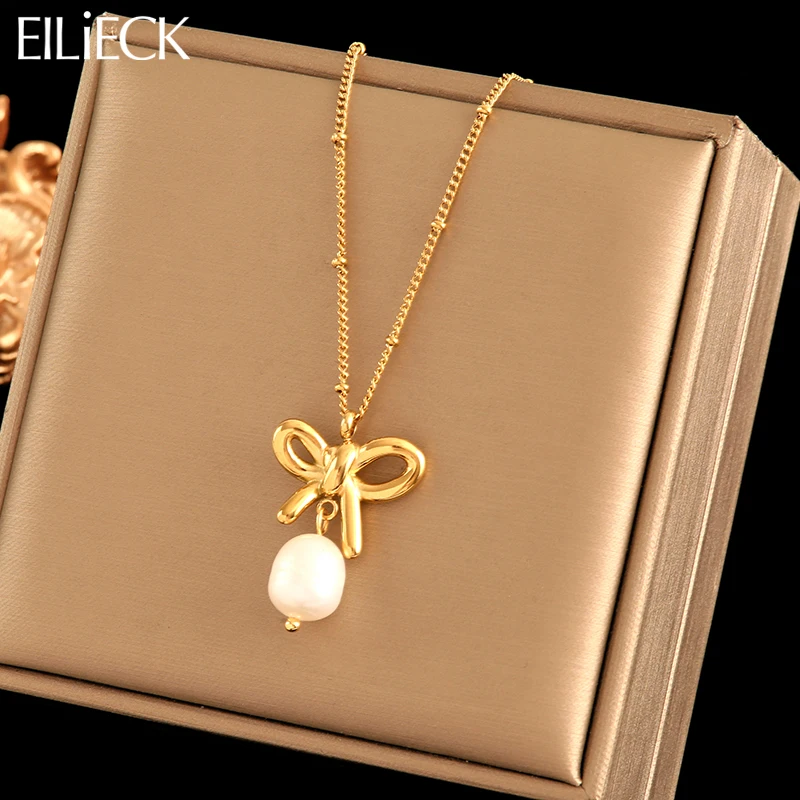 

EILIECK 316L Stainless Steel Gold Color Bowknot Pearl Pendant Necklace Waterproof Neck Chain Exquisite Jewelry Women Gift Collar