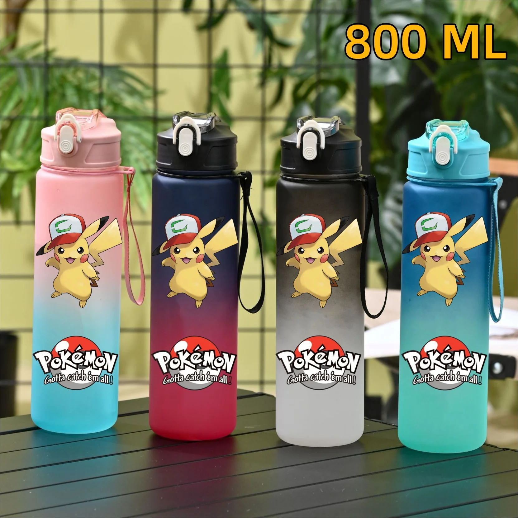 800 ml Pokemon Pikachu Sport-Wasserflasche mit Strohhalm, auslaufsicheres Trinkgeschirr, tragbarer Charizard-Wasserbecher aus Kunststoff, Fitness-Krug, Geschenk