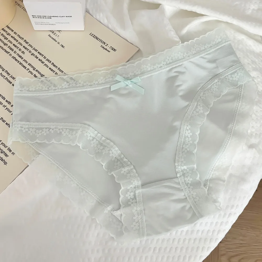 Stretchy Seamless Ice Silk Panties Mid Waist Cotton Crotch Lace Bow Briefs Underwear Female Lingerie Women's Summer Panties Girl