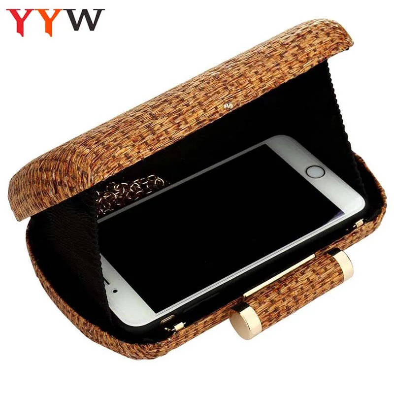 YYW Straw Clutch Purse for Women Wedding Hand-Woved Evening Straw Handbag Party Wedding Summer Beach Wicker Shoulder Chain Bag