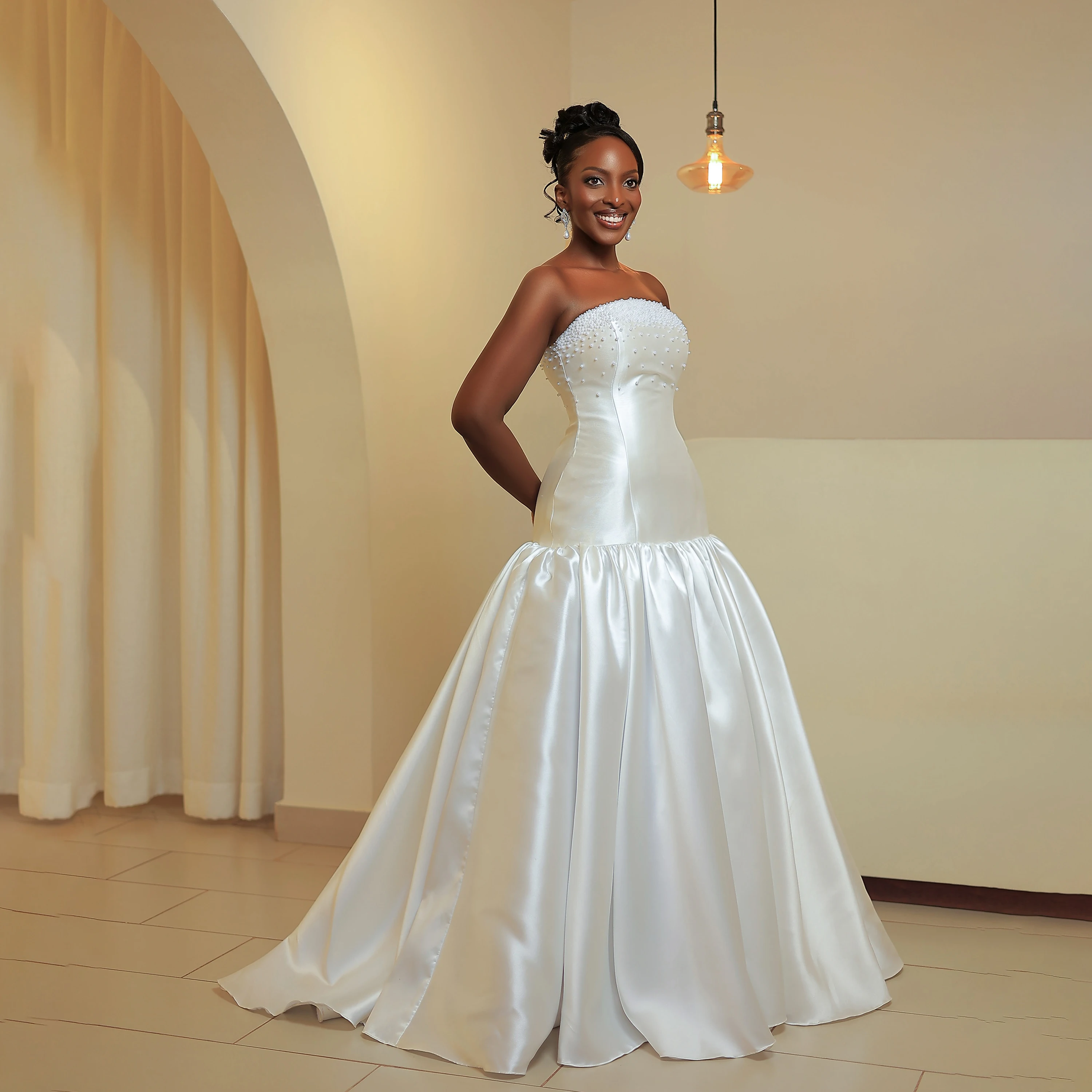 Strapless Satin Dropped Mermaid Wedding Dresses Pearl Beaded Fitted Bridal Gown Plus Size African Bridal Dresses Customized